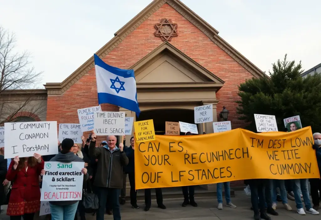 Protesters holding banners outside Park East Synagogue in New York City