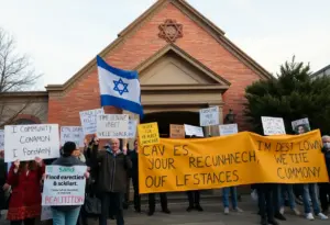Protesters holding banners outside Park East Synagogue in New York City