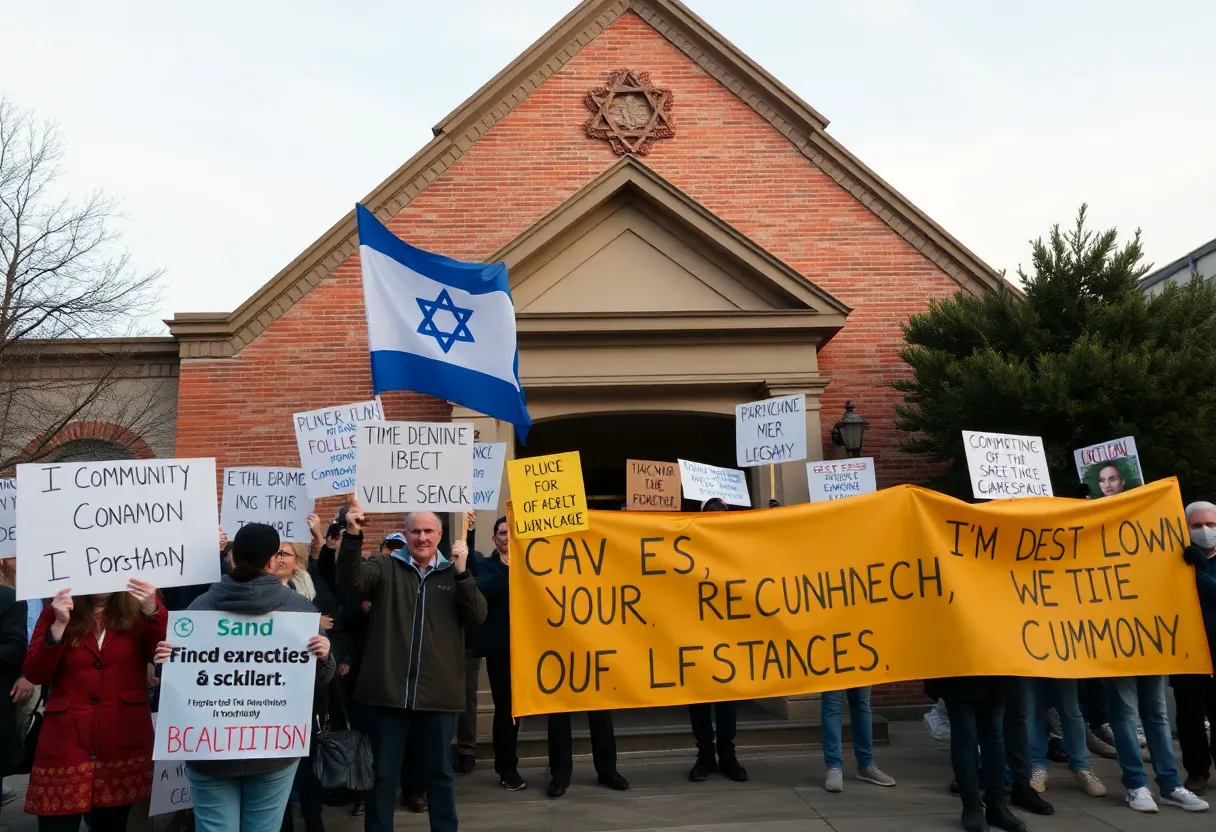 Protesters holding banners outside Park East Synagogue in New York City