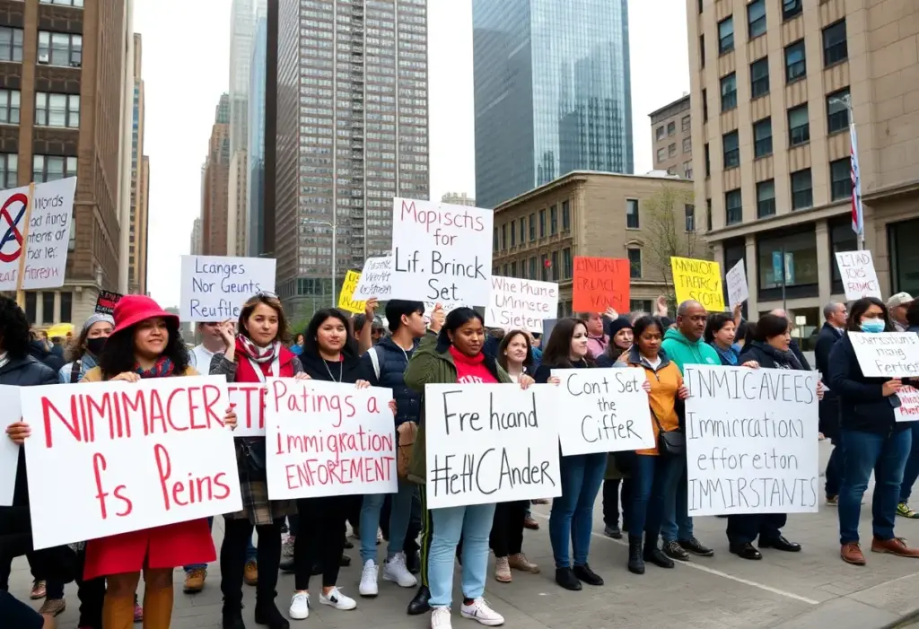 Protesters in New York City demonstrating against ICE arrests on sidewalks