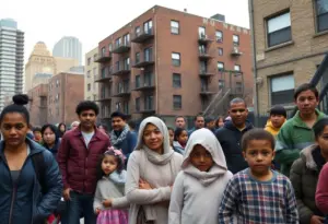 Graphic representation of public housing community in NYC showcasing urban living conditions.