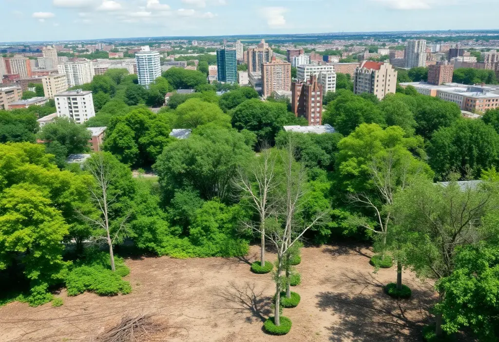 Urban landscape in Queens, New York showing areas where city trees were removed.
