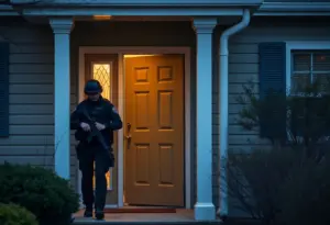 Agents at the door of a family home during a law enforcement operation