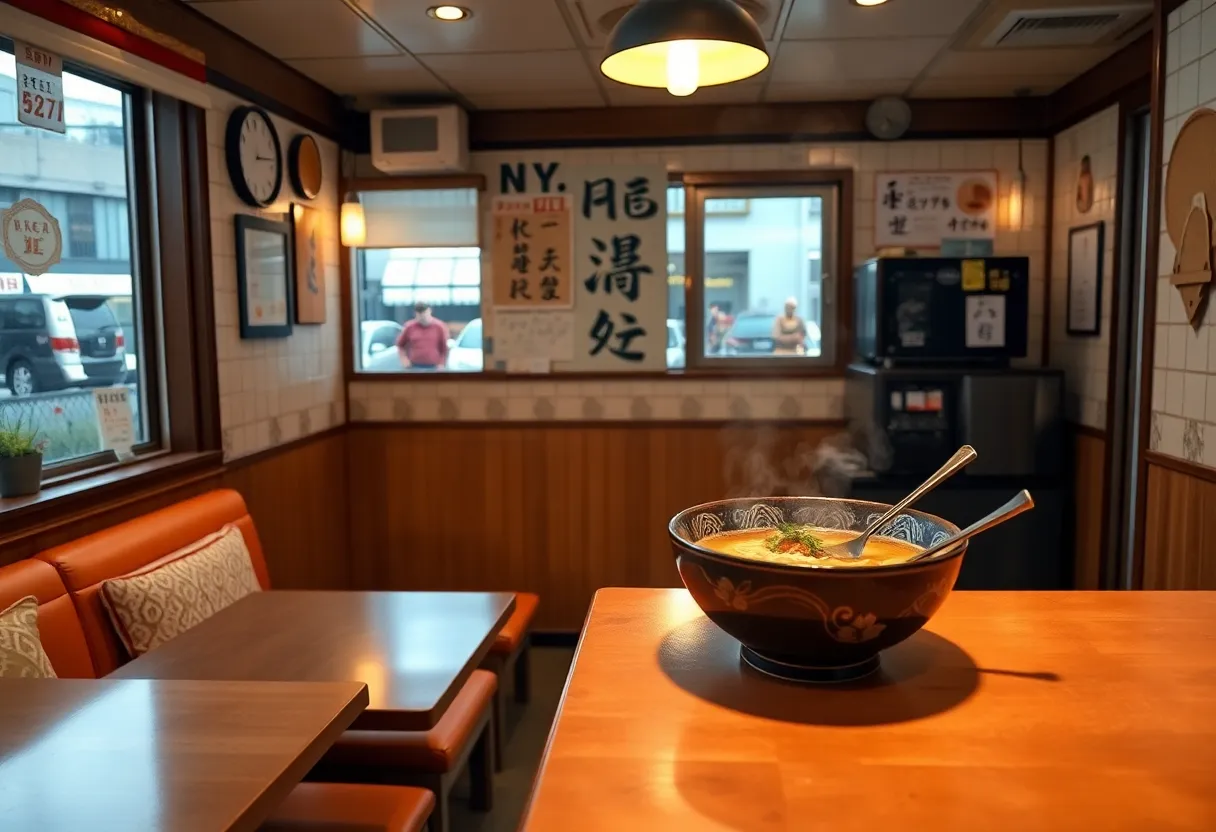 Cozy dining area at Ramen by Ra restaurant with ramen bowls and decor.