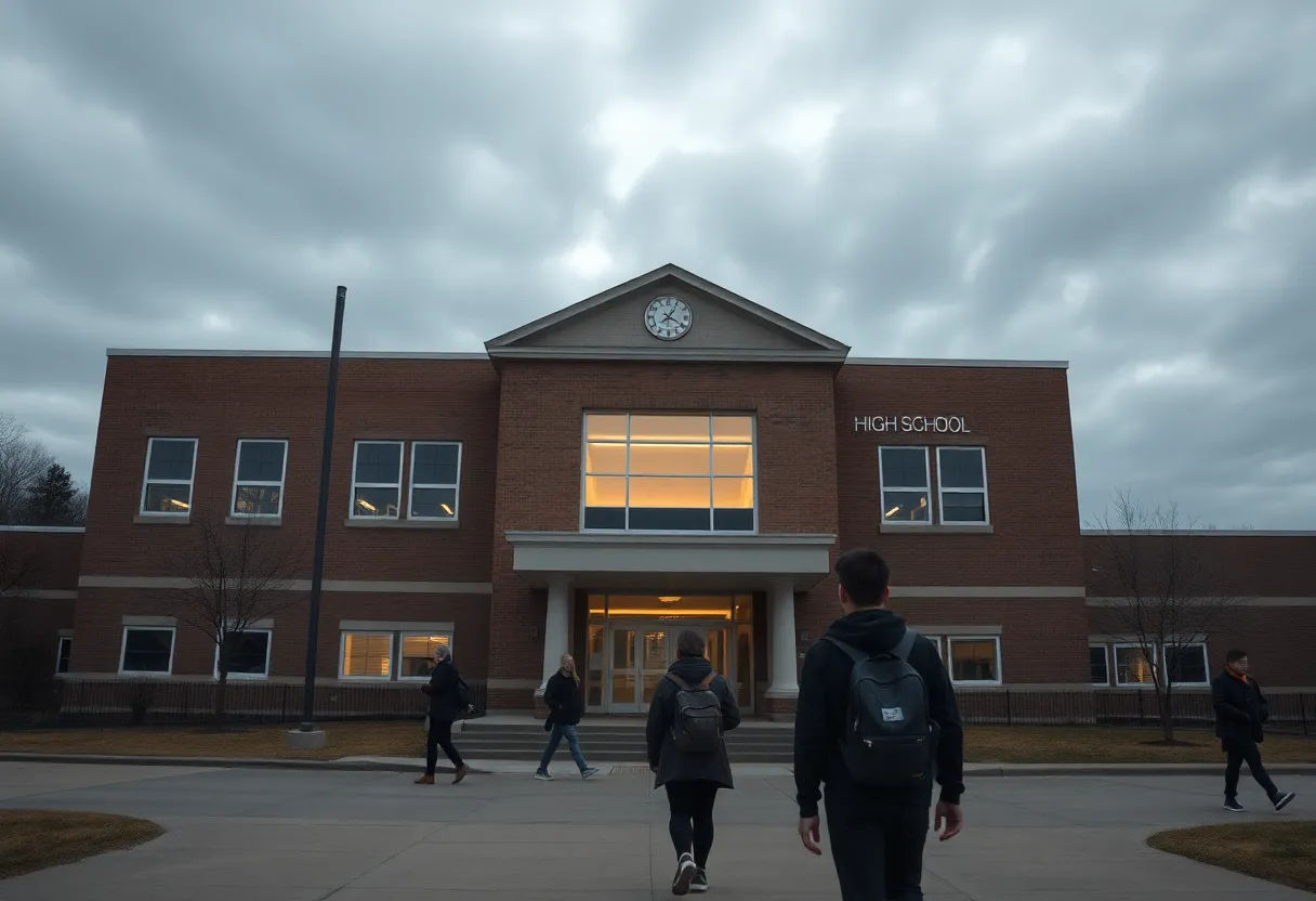 Exterior view of Regis High School with students walking outside