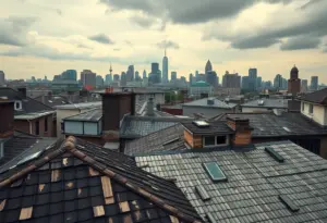 Urban skyline with rooftop struggles symbolizing bankruptcy impact