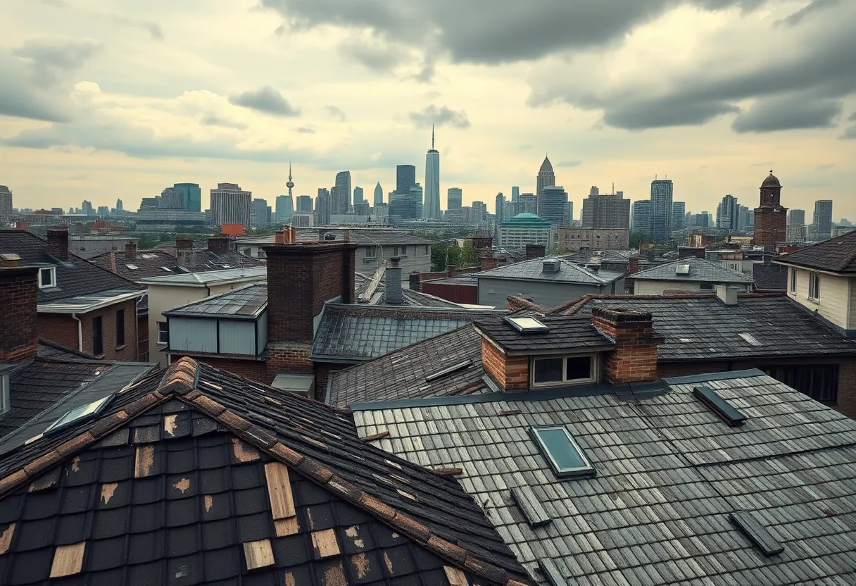 Urban skyline with rooftop struggles symbolizing bankruptcy impact