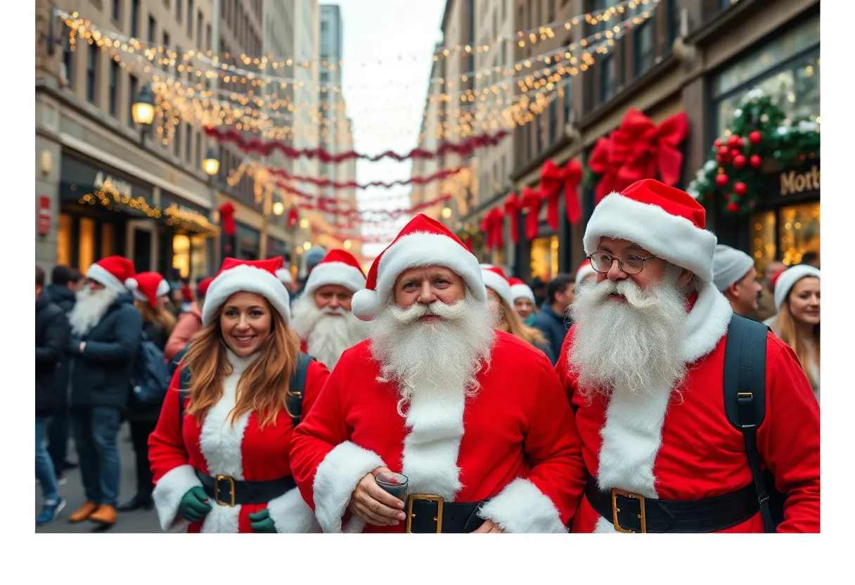 Participants dressed as Santa Claus in an urban setting during SantaCon