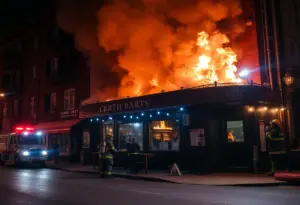 Firefighters working on a four-alarm fire at Santiago's Beer Garden