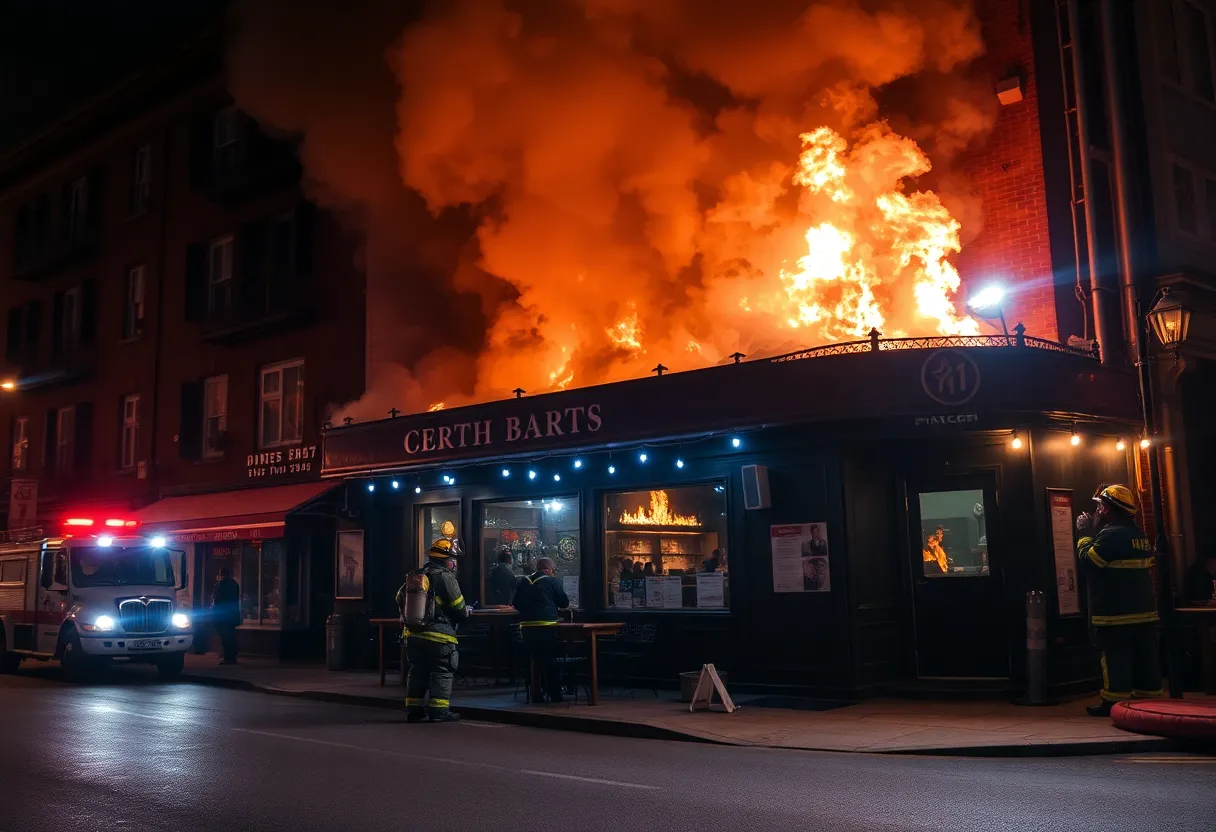 Firefighters working on a four-alarm fire at Santiago's Beer Garden