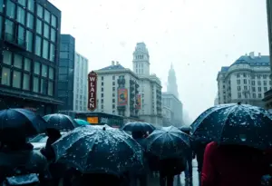 New York City experiencing heavy rain and snow during severe weather.