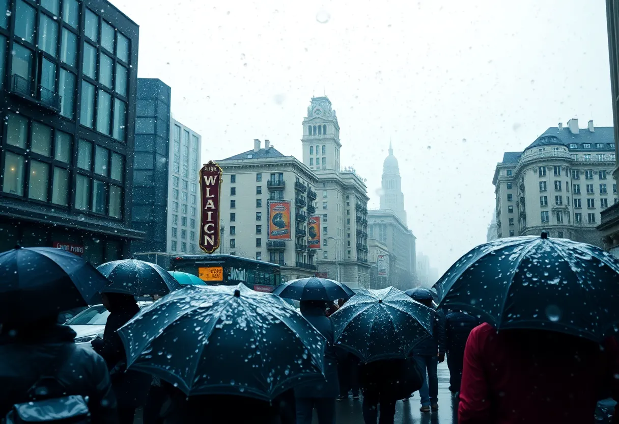 New York City experiencing heavy rain and snow during severe weather.