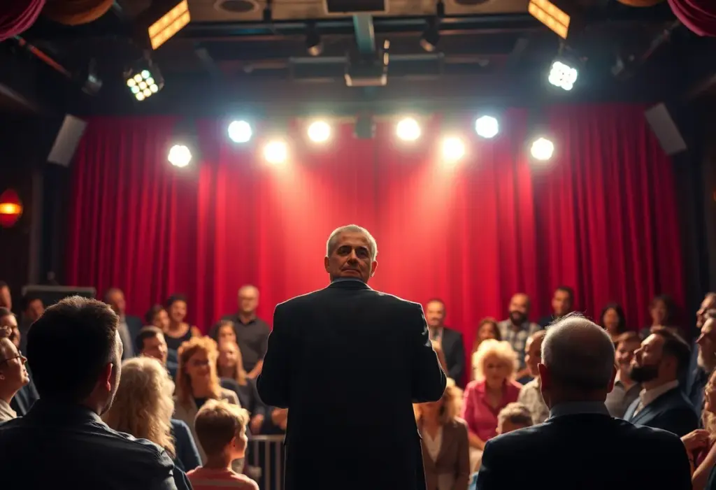 A comedic scene depicting a political sketch performance on stage.