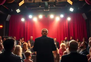 A comedic scene depicting a political sketch performance on stage.