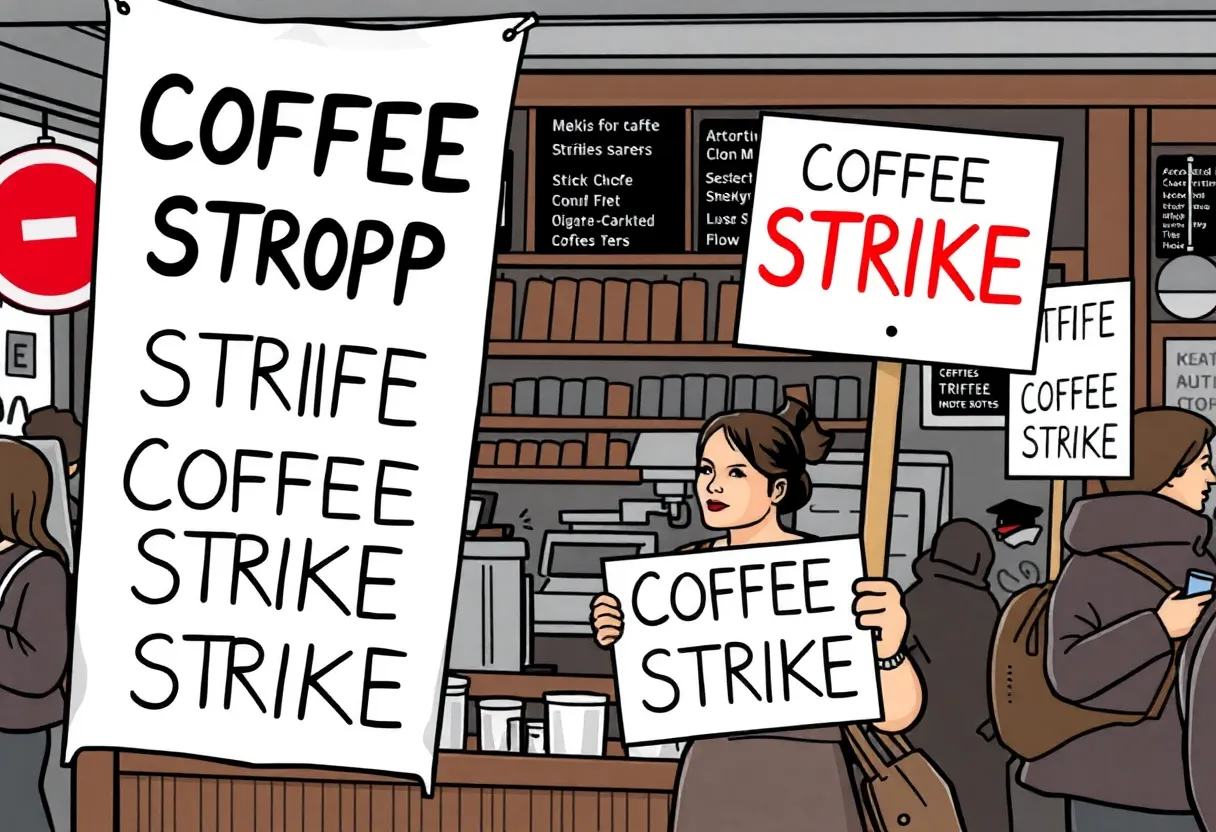 Starbucks baristas on strike holding signs