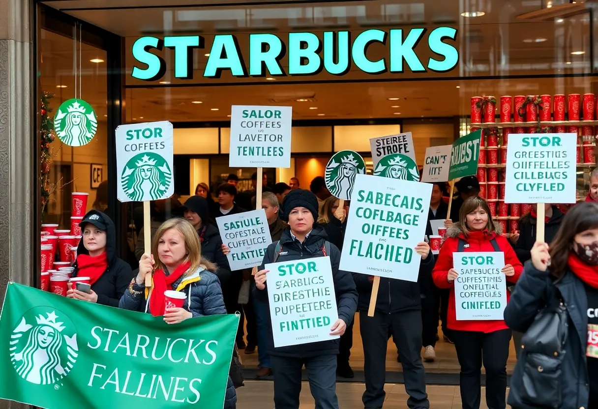 Unionized Starbucks workers striking with banners on Red Cup Day