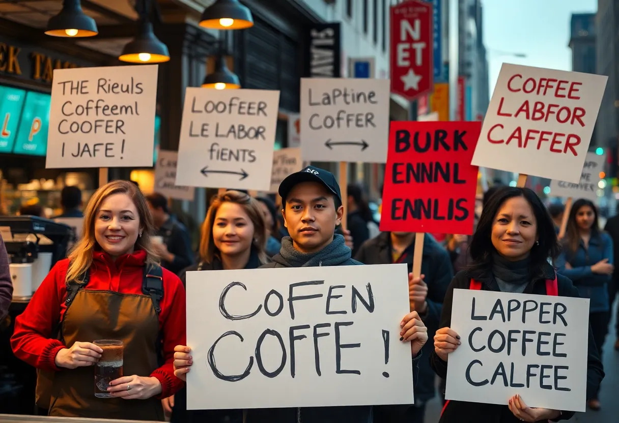 Coffee shop workers protesting for better labor rights
