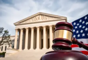 Supreme Court building with gavel and American flag symbolizing trade policy review