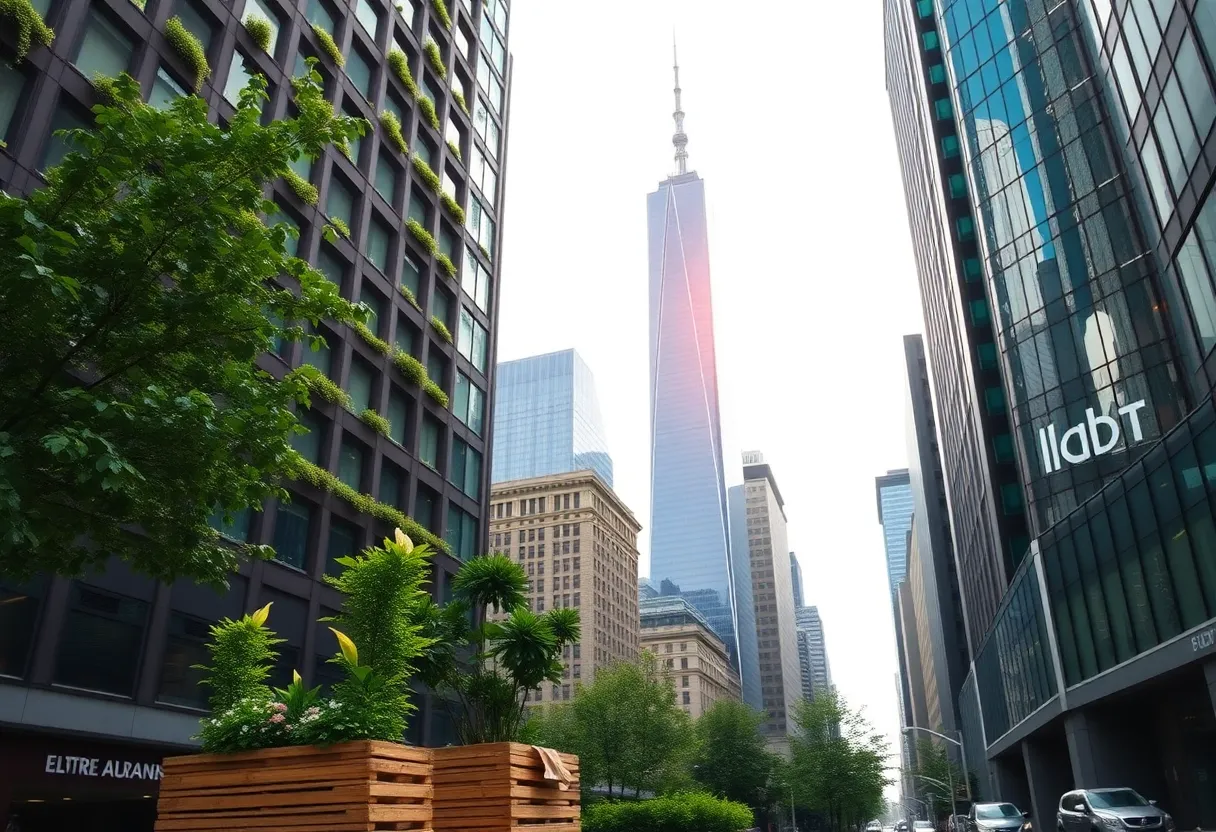Illustration of sustainable finance concepts in New York City with skyscrapers and green elements.