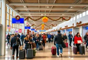 Busy airport terminal during Thanksgiving travel season with travelers and staff
