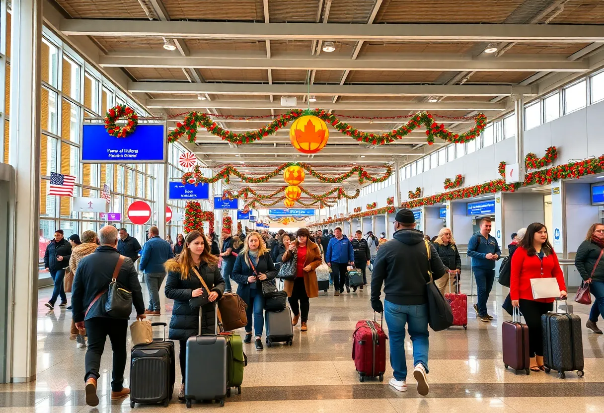 Busy airport terminal during Thanksgiving travel season with travelers and staff