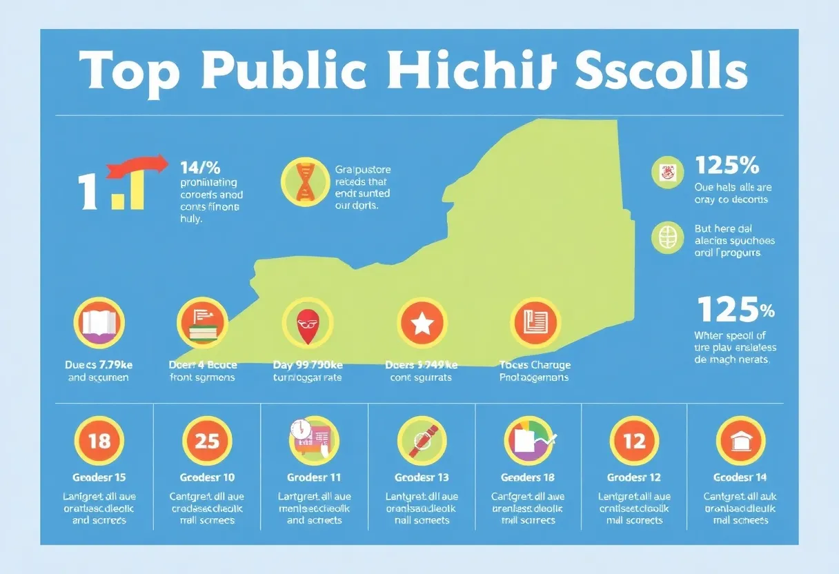 Infographic of top public high schools in New York showcasing graduation rates and specialties.