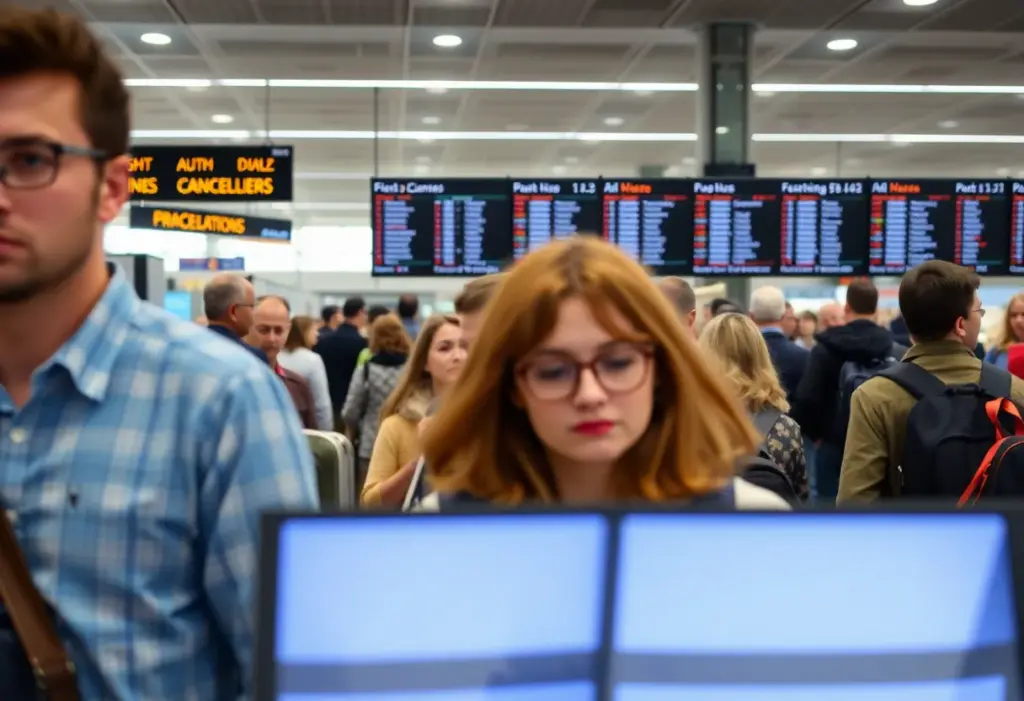 Airport terminal crowded with anxious travelers amid flight cancellations.