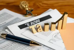 Illustration of tax forms and financial growth symbols.