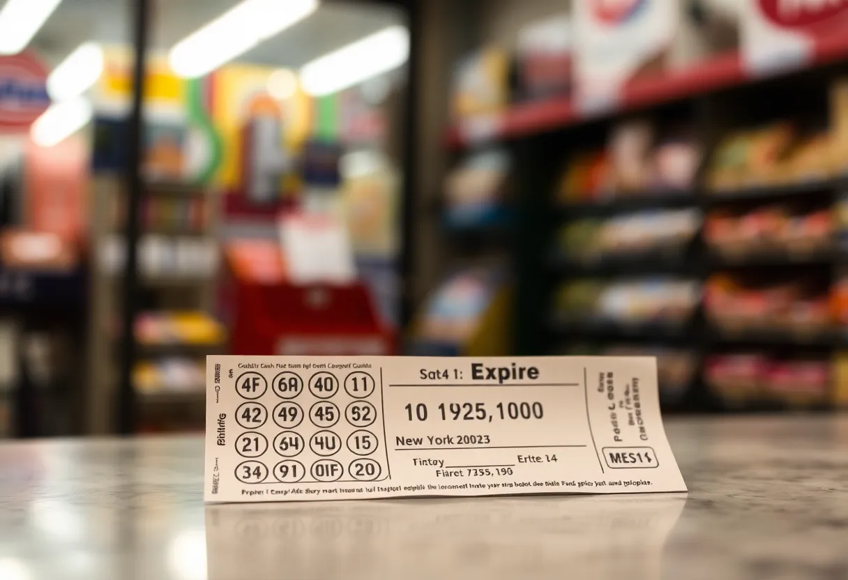 An unclaimed lottery ticket with a visible expiration date next to a Brooklyn store.