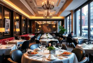 Interior of an upscale restaurant in NYC with gourmet meals on a table