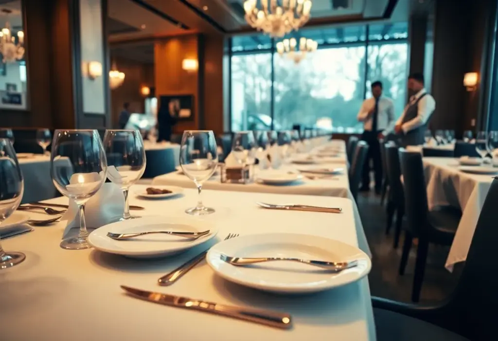 Interior of an upscale restaurant with an atmosphere of tension among diners and staff.