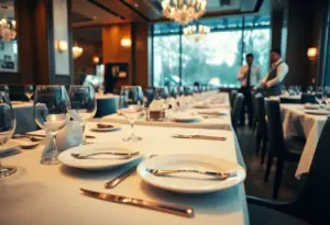 Interior of an upscale restaurant with an atmosphere of tension among diners and staff.
