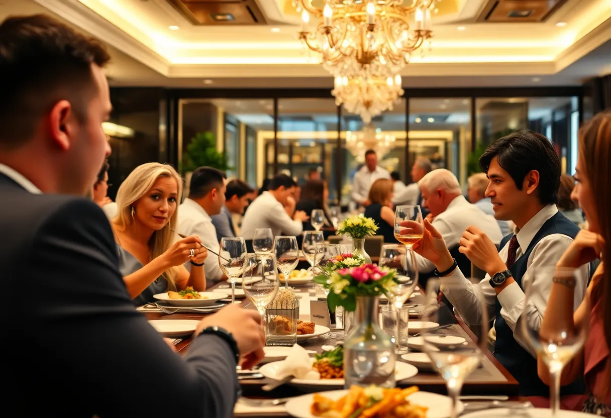 A luxurious restaurant interior with diners at tables