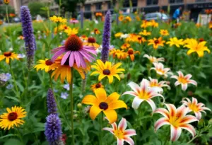 Urban garden in New York City with colorful flowers.