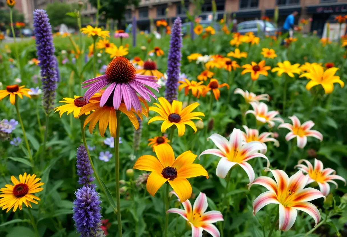 Urban garden in New York City with colorful flowers.