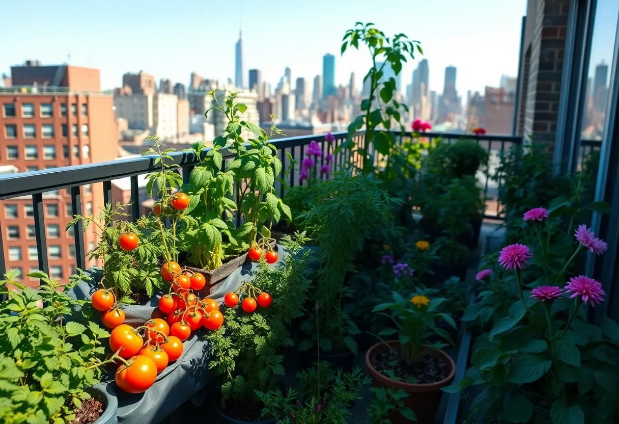 A lush urban garden featuring vegetables and herbs on a balcony in New York City