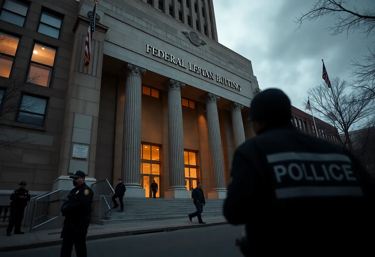 Exterior view of the U.S. Attorney's office in Newark with police presence