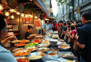 People lining up for Venezuelan Chinese fried rice from a food cart in Jackson Heights.