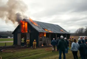 Burned barn at Wells Farm after fire with firefighters and community support