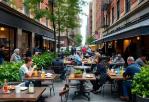 Outdoor dining setup in New York City with people eating and lively atmosphere.