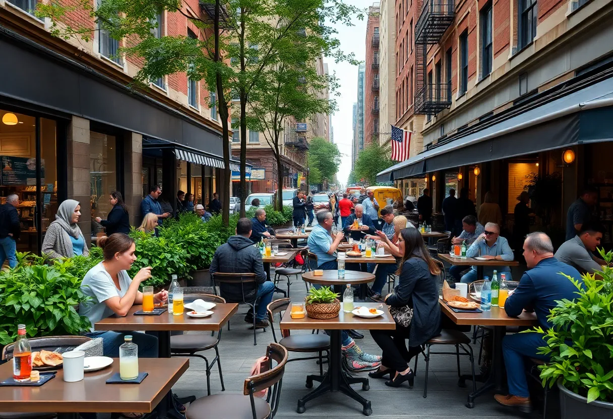 Outdoor dining setup in New York City with people eating and lively atmosphere.