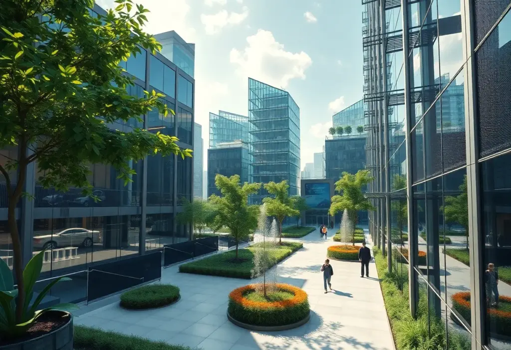 Conceptual image of a modern AI data center in a city setting