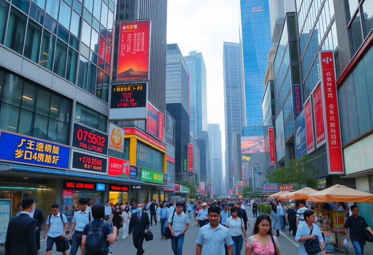 Asian financial district showcasing modern buildings and stock market activity