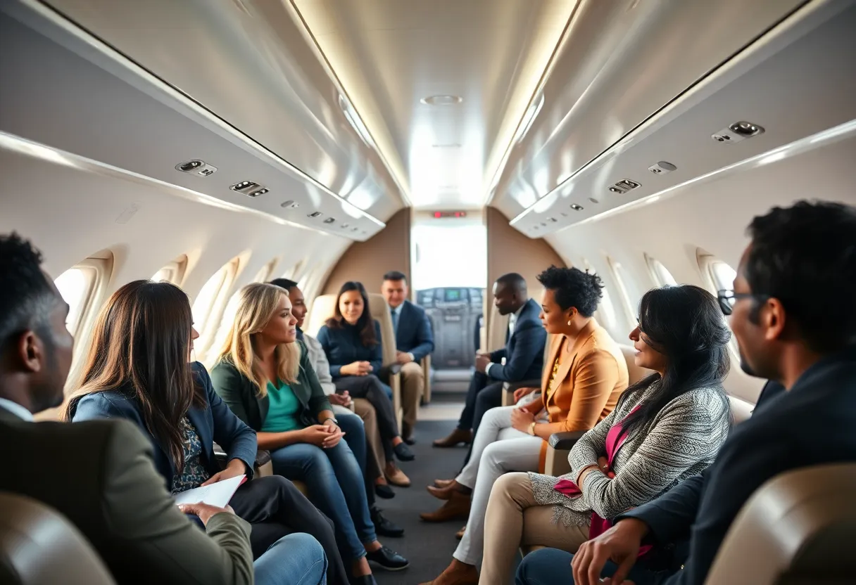 Interior view of a private jet with people discussing charitable work.