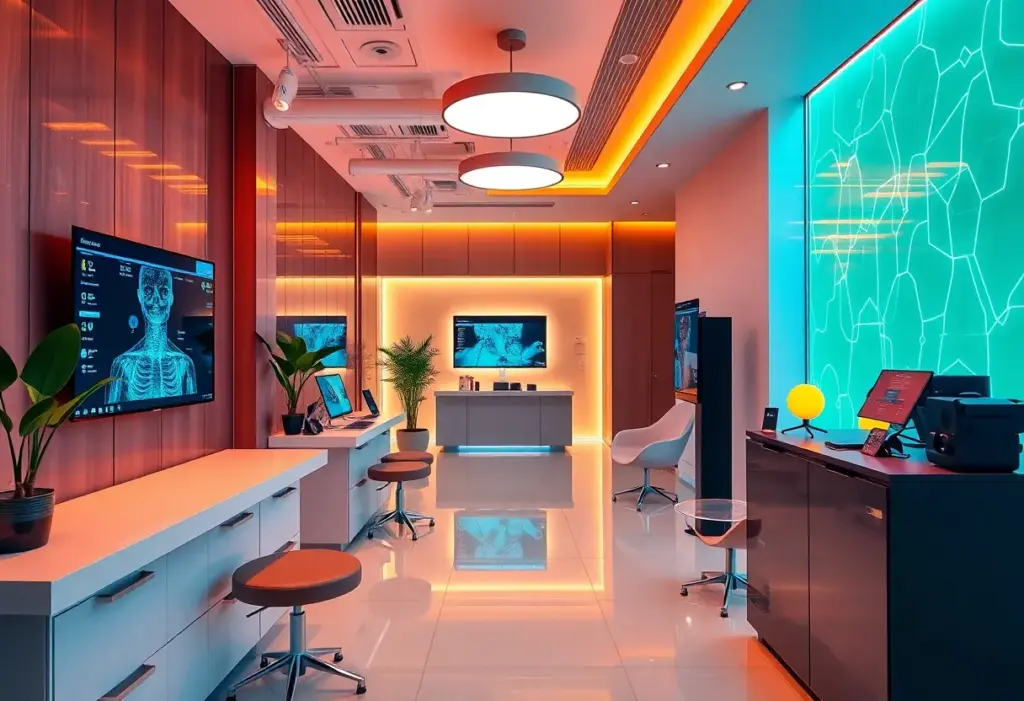 Interior view of a biohacking clinic featuring health assessment technology.
