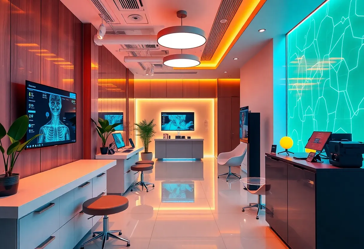 Interior view of a biohacking clinic featuring health assessment technology.