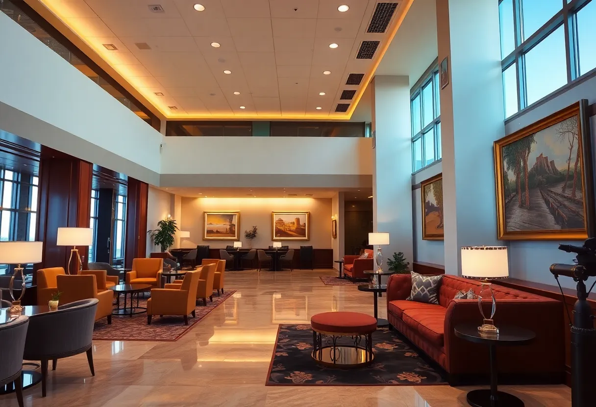 Interior of BlueHouse lounge at JFK Airport with Art Deco design and seating areas.