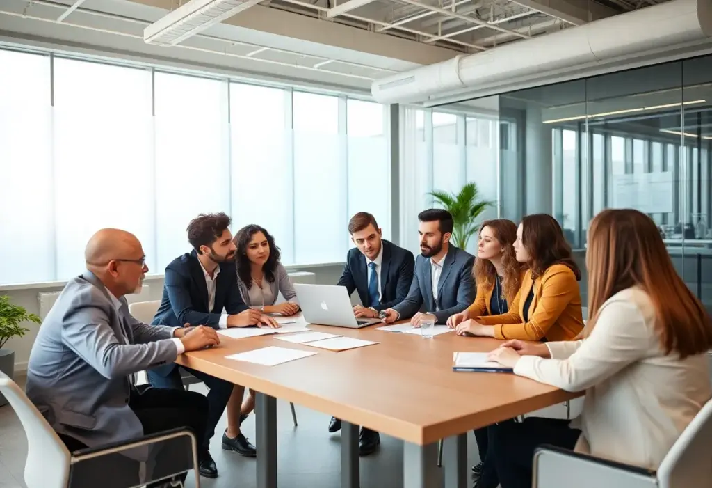 A group of business professionals in a meeting discussing health data privacy legislation.