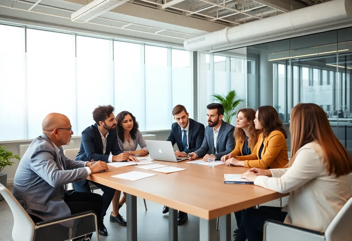 A group of business professionals in a meeting discussing health data privacy legislation.