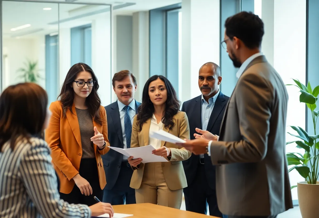 Business professionals in a meeting about health data legislation.